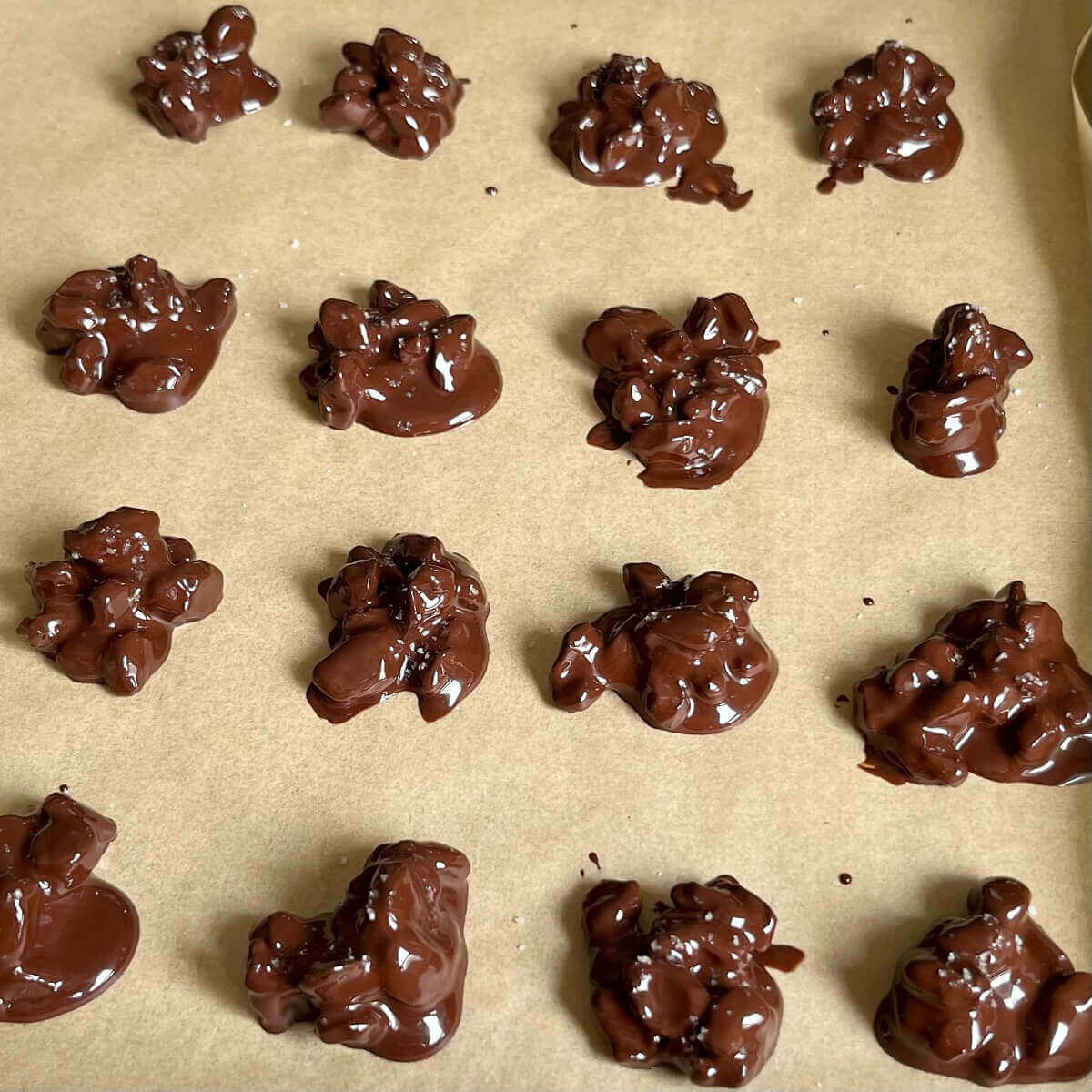 Clusters of chocolate covered raisins on a sheet pan lined with parchment paper.