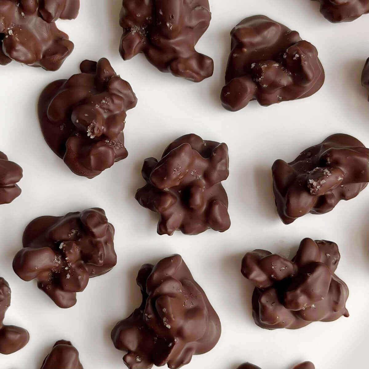 Chocolate raisin clusters on a white plate.