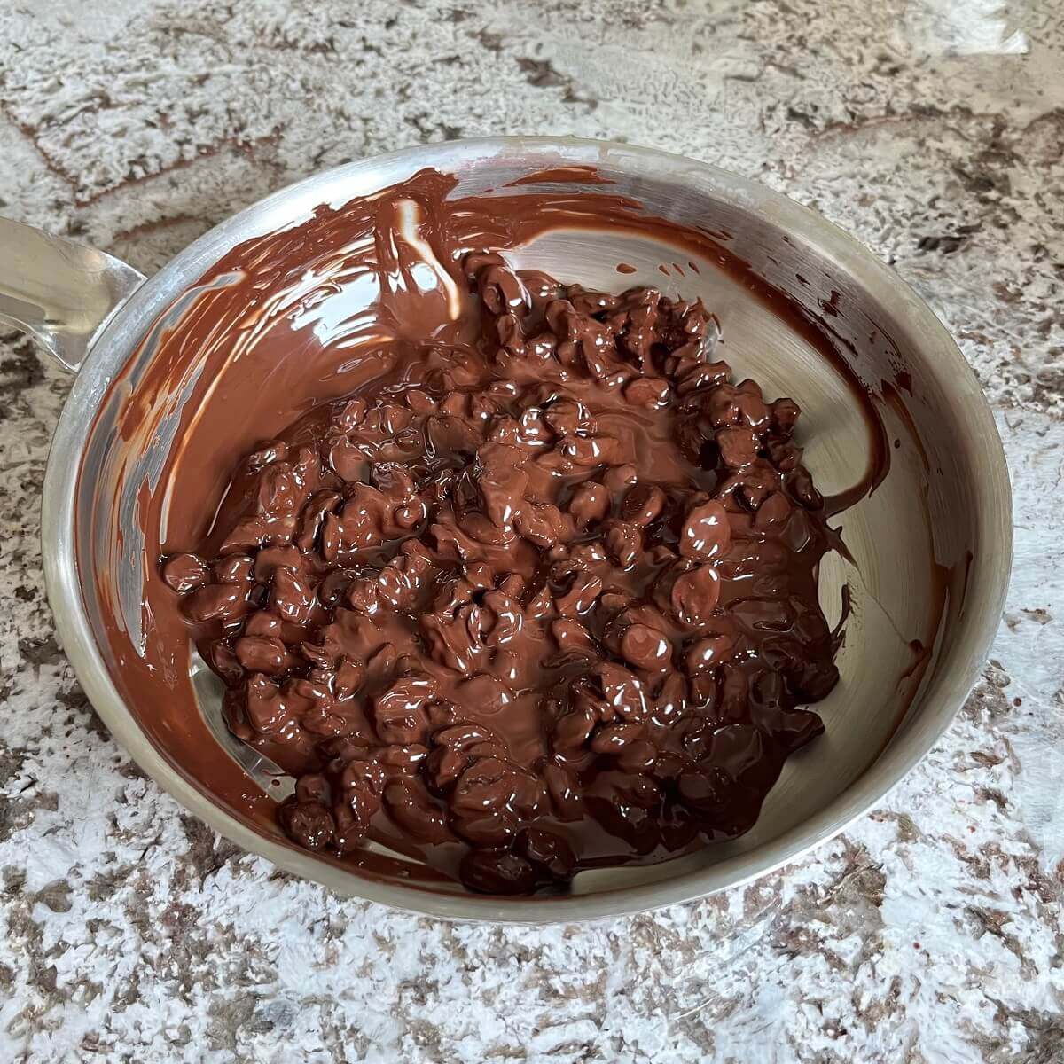 Raisins covered in melted chocolate in a steel pan.