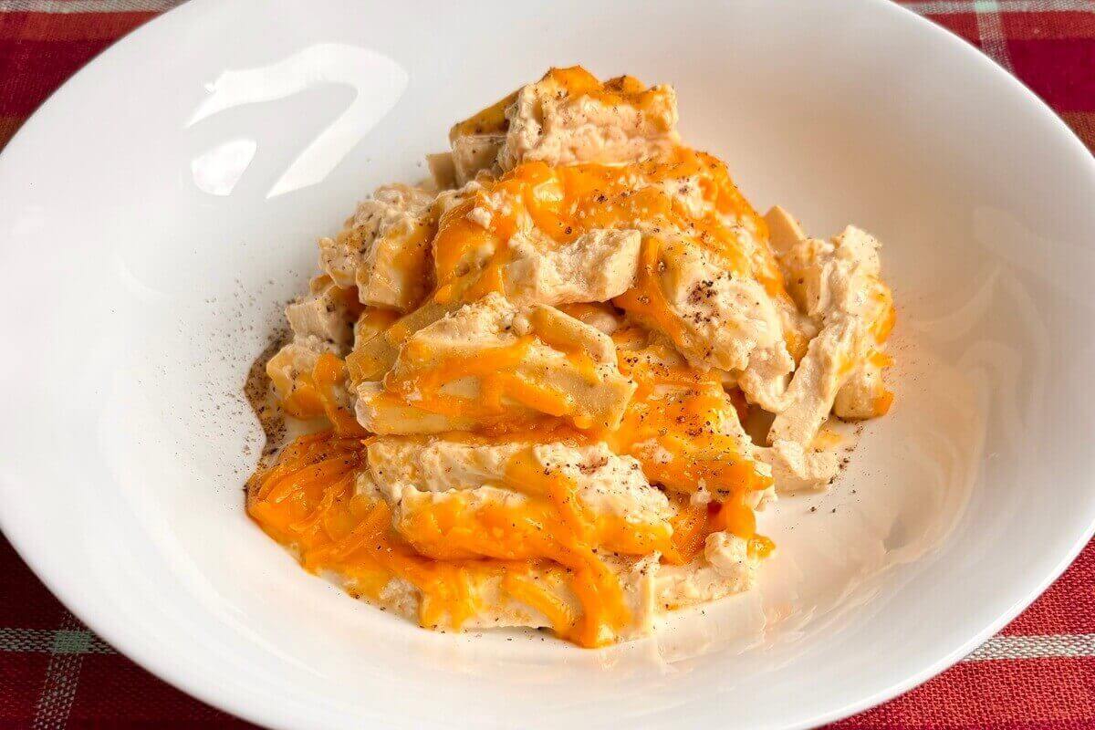 Low-carb tofu mac in a white bowl.