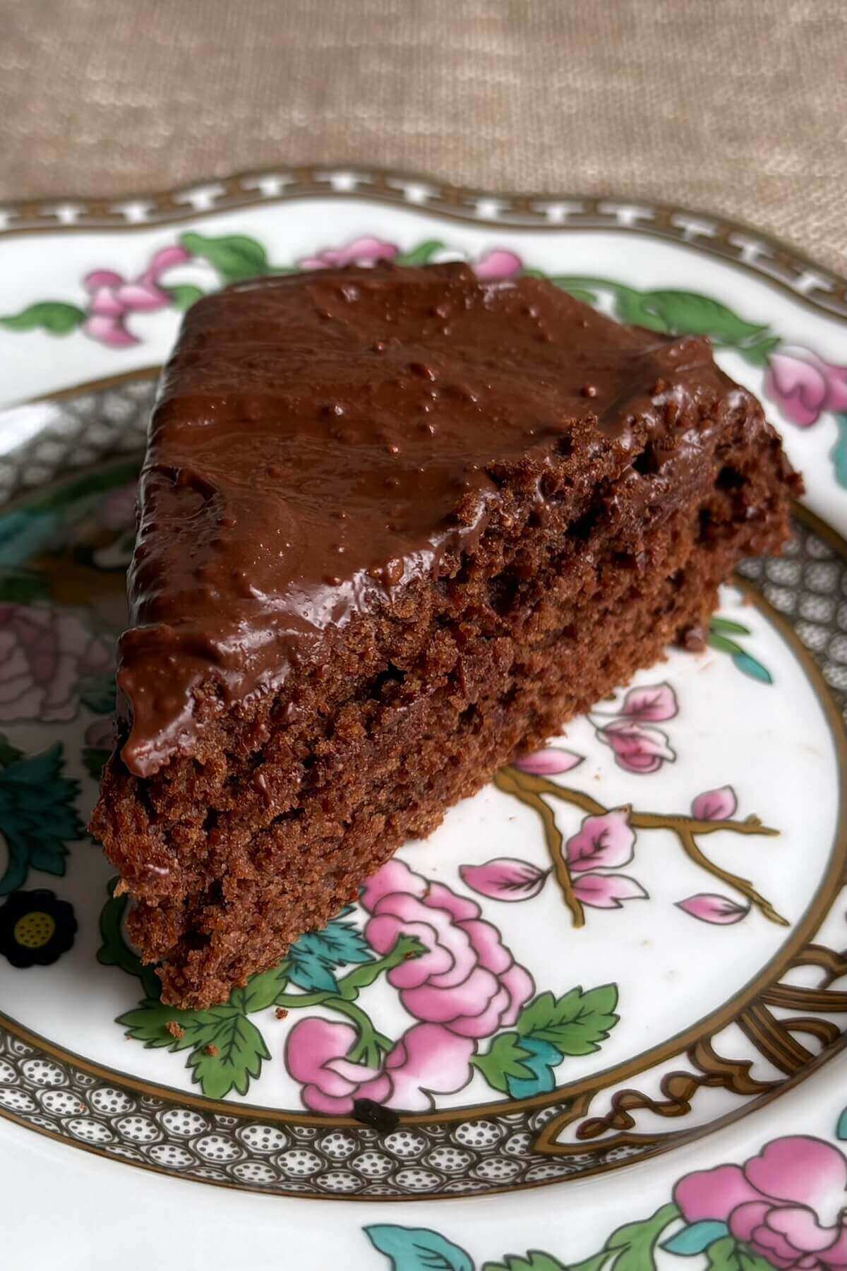 A slice of chocolate cake made with ground flaxseed.