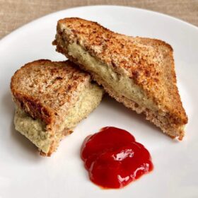A sandwich filled with hemp cheese next to a blob of ketchup on a plate.