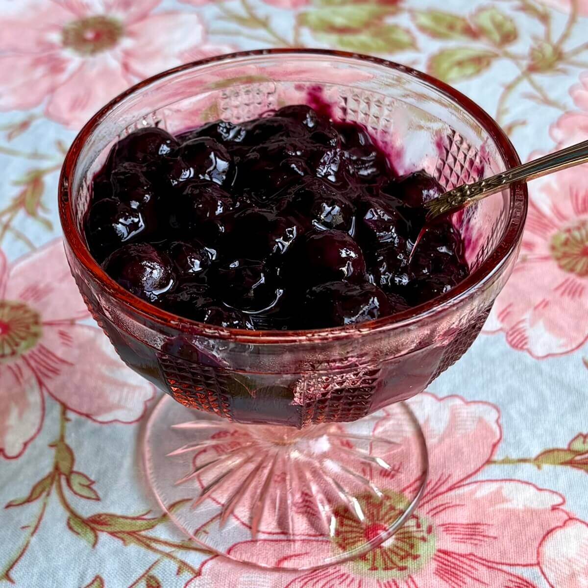 Blueberry compote (no sugar added) in a glass dish with an antique spoon.