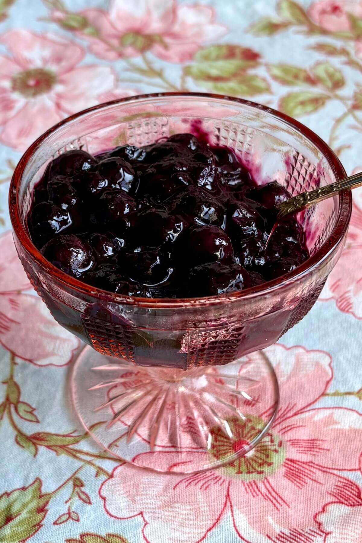 Blueberry no sugar compote in a vintage glass.