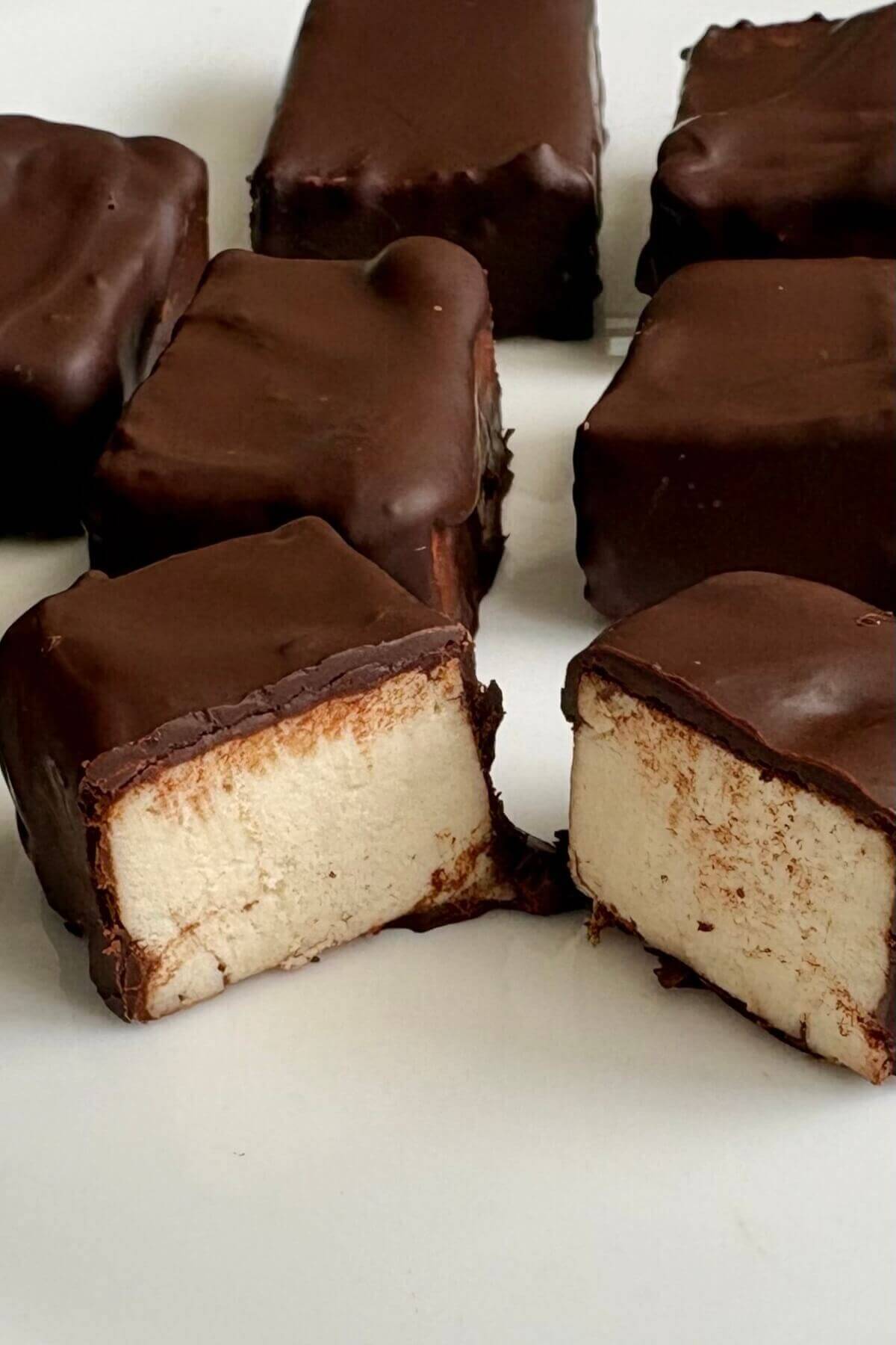Chocolate coated tofu on a plate.