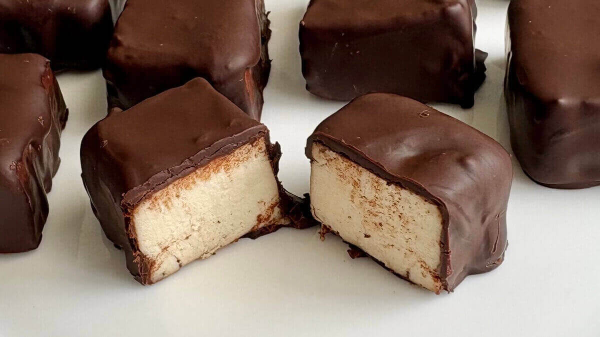 Chocolate tofu bites on a plate.