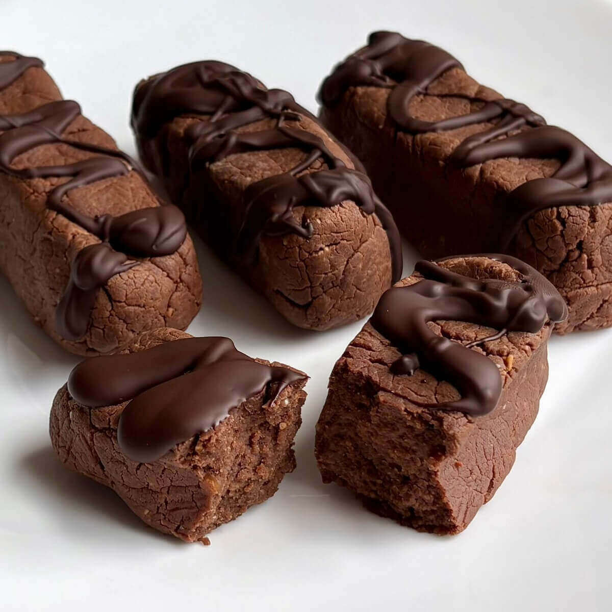Monk fruit protein bars drizzled with dark chocolate on a plate.