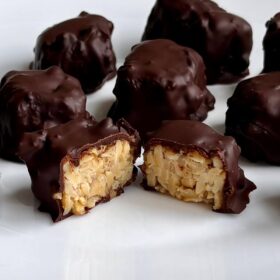 Tempeh dessert bites on a white plate.