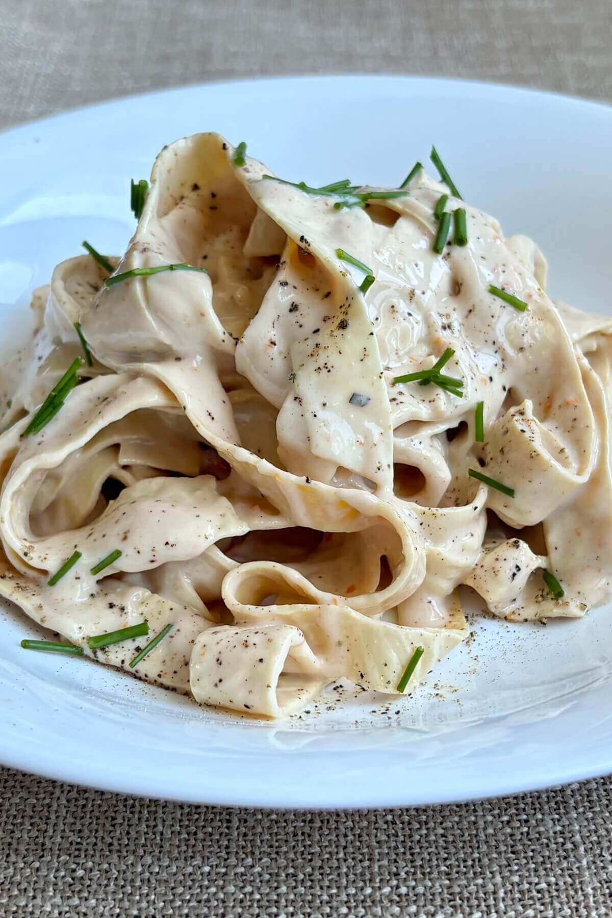 Tofu skin noodles in a creamy sauce.
