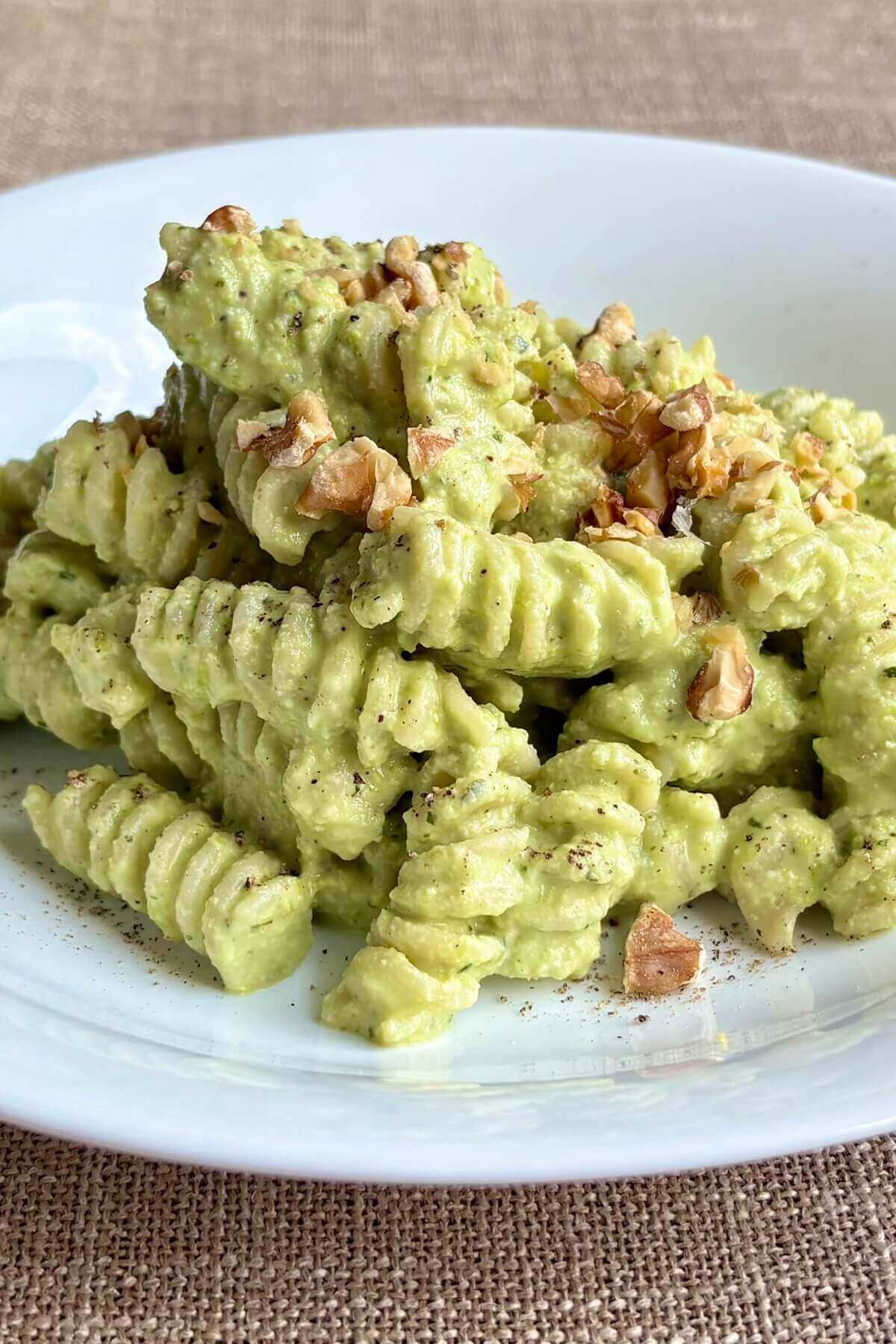 Noodles tossed in a pasta sauce made with edamame.