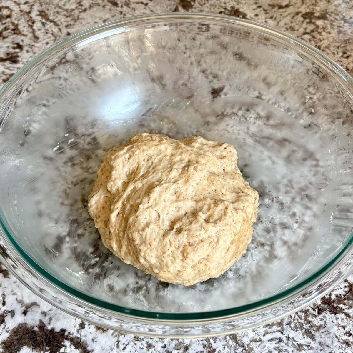 Risen seitan dough in a mixing bowl.
