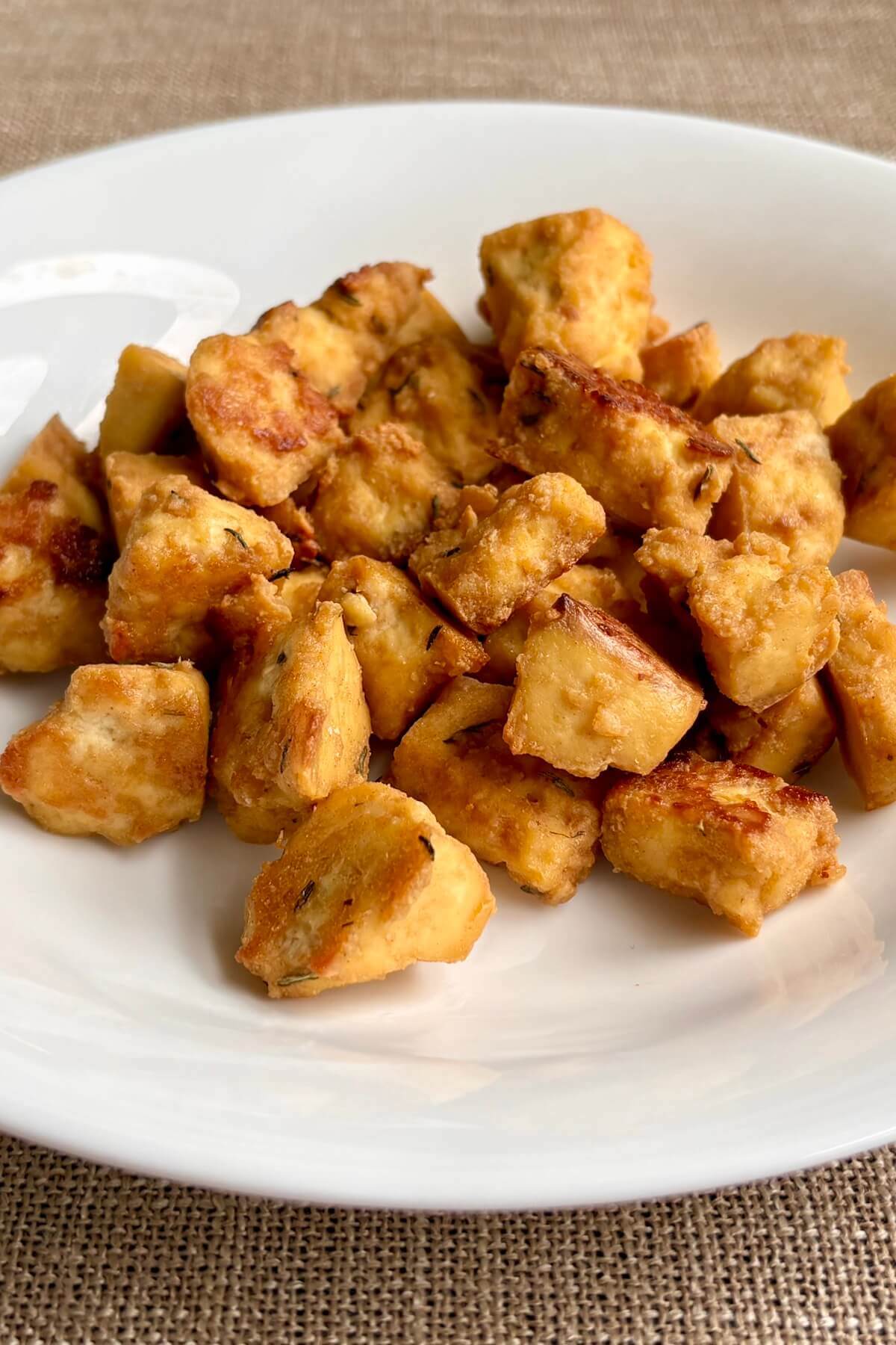 Maple Dijon tofu bites in a bowl.