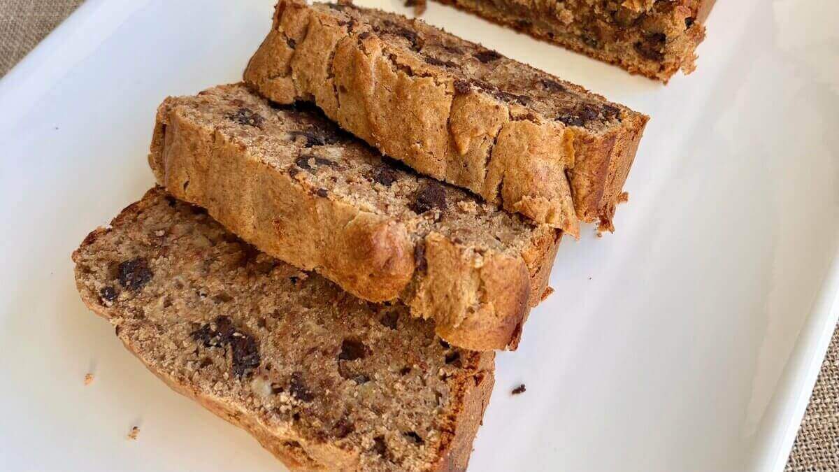 Oat banana bread on a white plate.