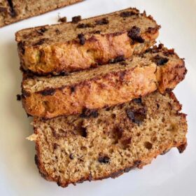 Seitan banana bread slices on a white plate.